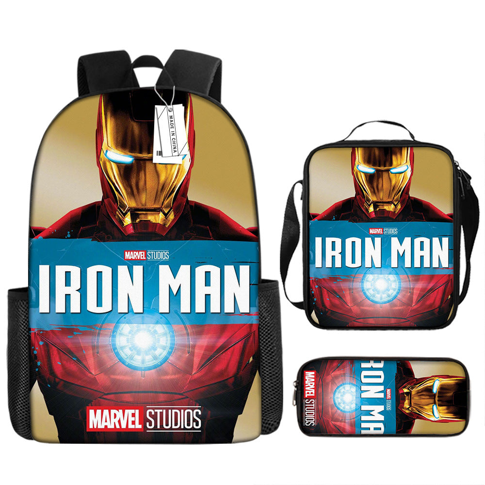 Iron Man Full Printed Backpack Schoolbag Travel Notebook Bag Lunch Bag Pencil Bag for Kids Students 3PCS