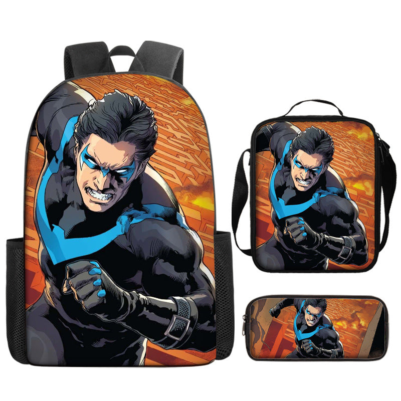 Nightwing Superhero Full Printed Backpack Schoolbag Travel Notebook Bag Lunch Bag Pencil Bag for Kids Students 3PCS