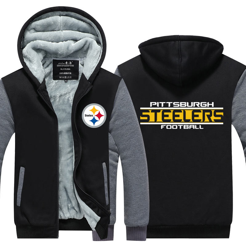 Pittsburgh Football Team Steelers Unisex Lined Hoodie Fleece Sweatshirt Full Zipper Hooded Thicken Jacket