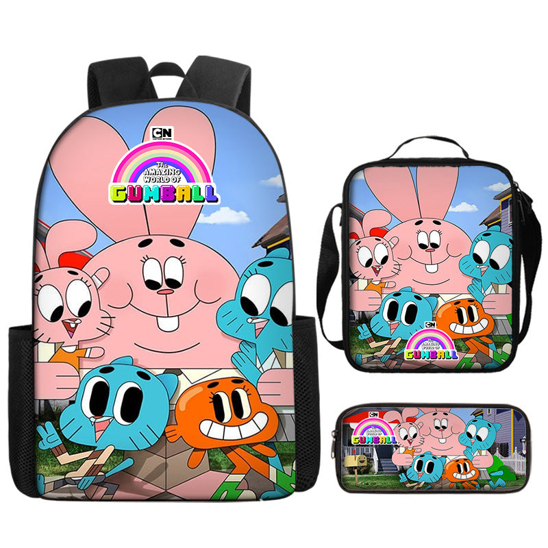The Amazing World of Gumball Full Printed Backpack Schoolbag Travel Notebook Bag Lunch Bag Pencil Bag for Kids Students 3PCS