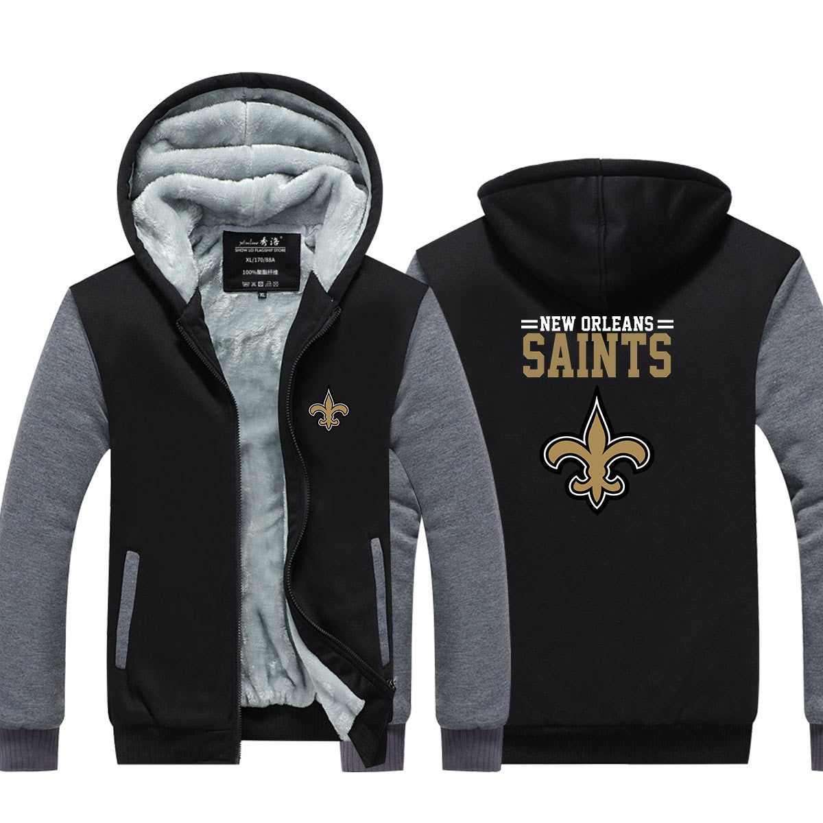 New Orleans Football Saints  Unisex Lined Hoodie Fleece Sweatshirt Full Zipper Hooded Thicken Jacket