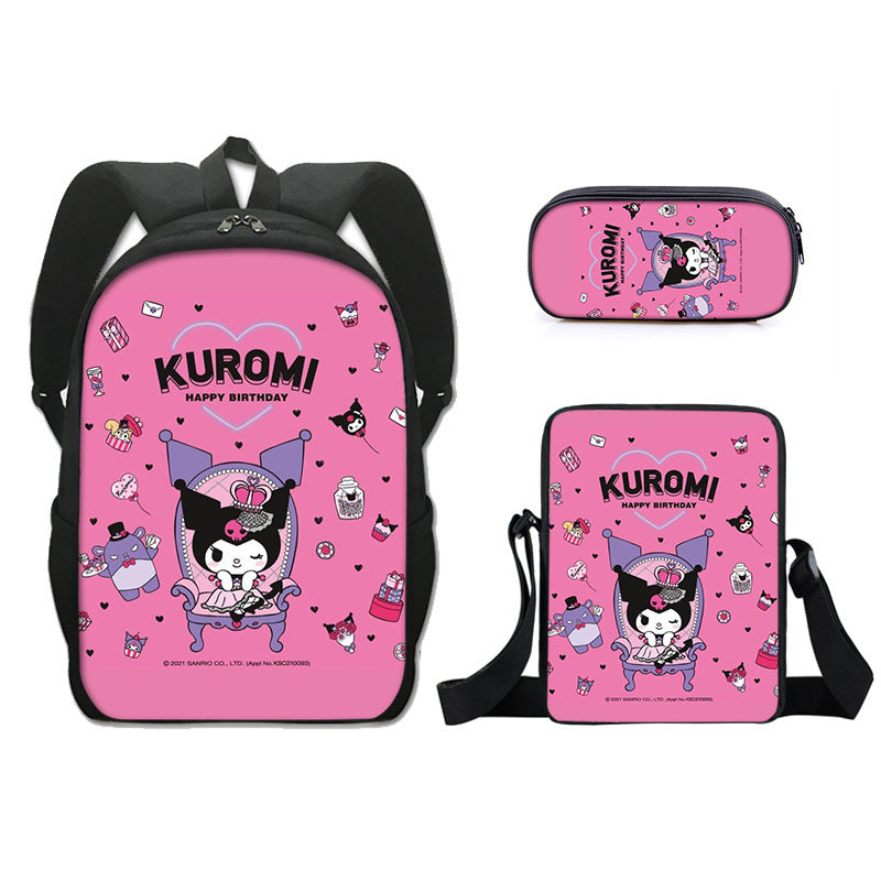 Kuromi Full Printed Backpack Schoolbag Travel Notebook Bag Lunch Bag Pencil Bag for Kids Students 3PCS