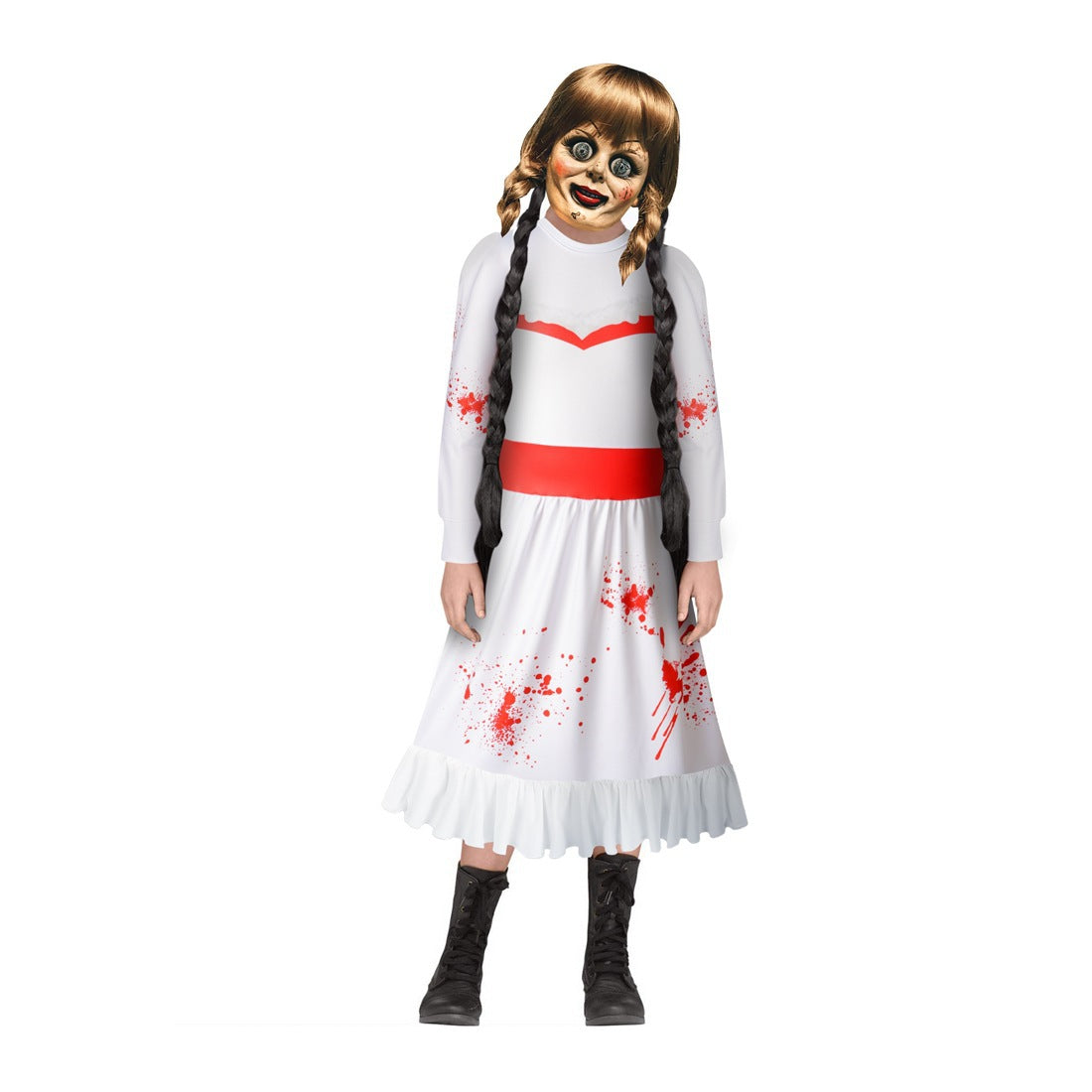 Annabelle Cosplay Costume with Mask Boys Girls Bodysuit Halloween Fancy Jumpsuits