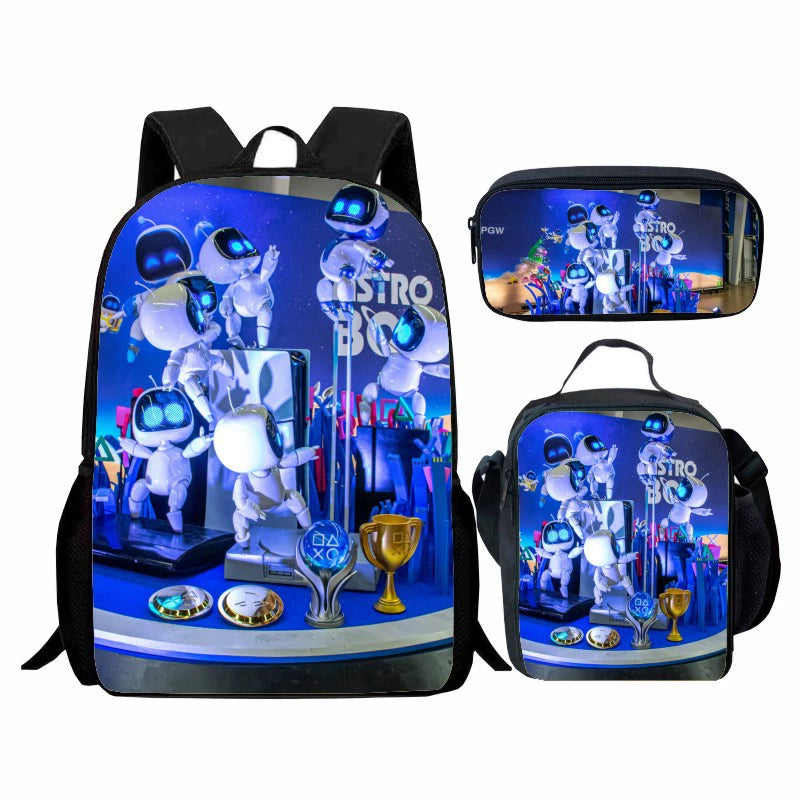 Astro Bot Backpack Schoolbag Lunch Bag Pencil Bag for Kids Students 3PCS