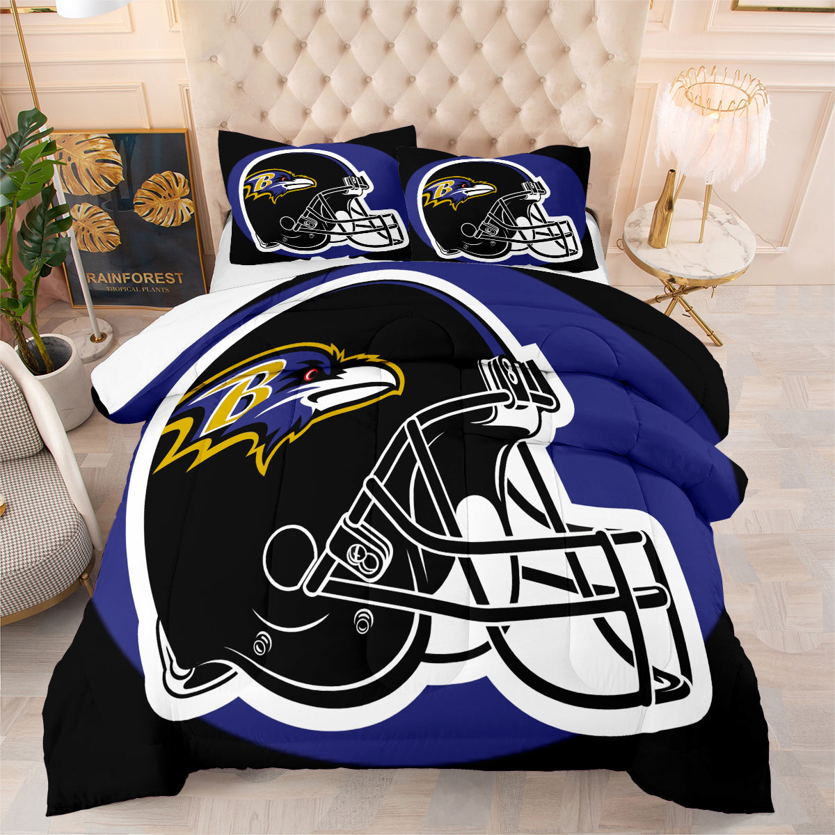 Baltimore Rugby Football Ravens Comforter Pillowcases 3PC Sets Blanket All Season Reversible Quilted Duvet