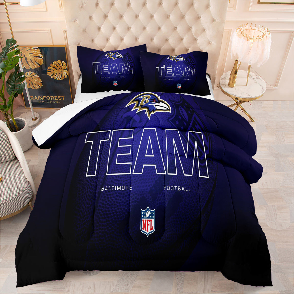 Baltimore Rugby Football Ravens Comforter Pillowcases 3PC Sets Blanket All Season Reversible Quilted Duvet