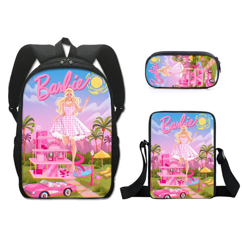 Barbie 2023 Full Printed Backpack Schoolbag Travel Notebook Bag Lunch Bag Pencil Bag for Kids Students 3PCS