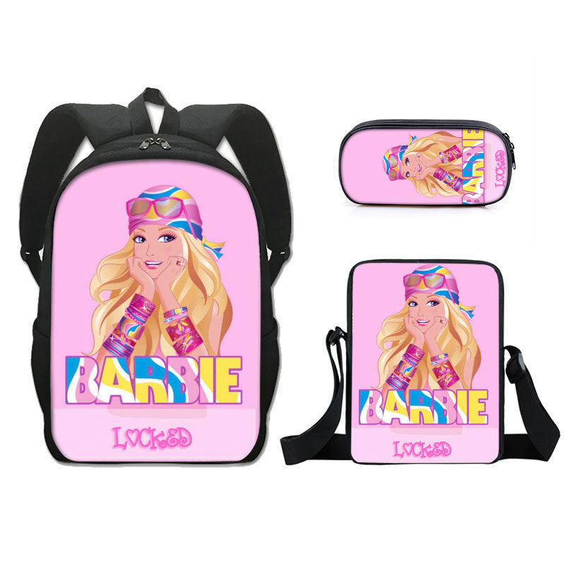 Barbie 2023 Full Printed Backpack Schoolbag Travel Notebook Bag Lunch Bag Pencil Bag for Kids Students 3PCS