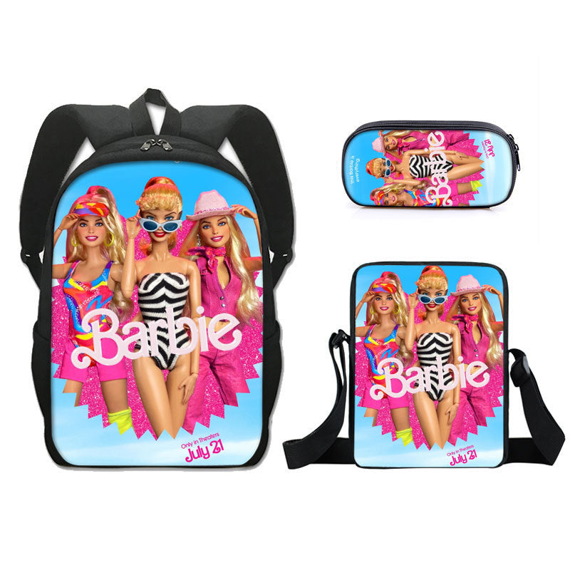 Barbie 2023 Full Printed Backpack Schoolbag Travel Notebook Bag Lunch Bag Pencil Bag for Kids Students 3PCS