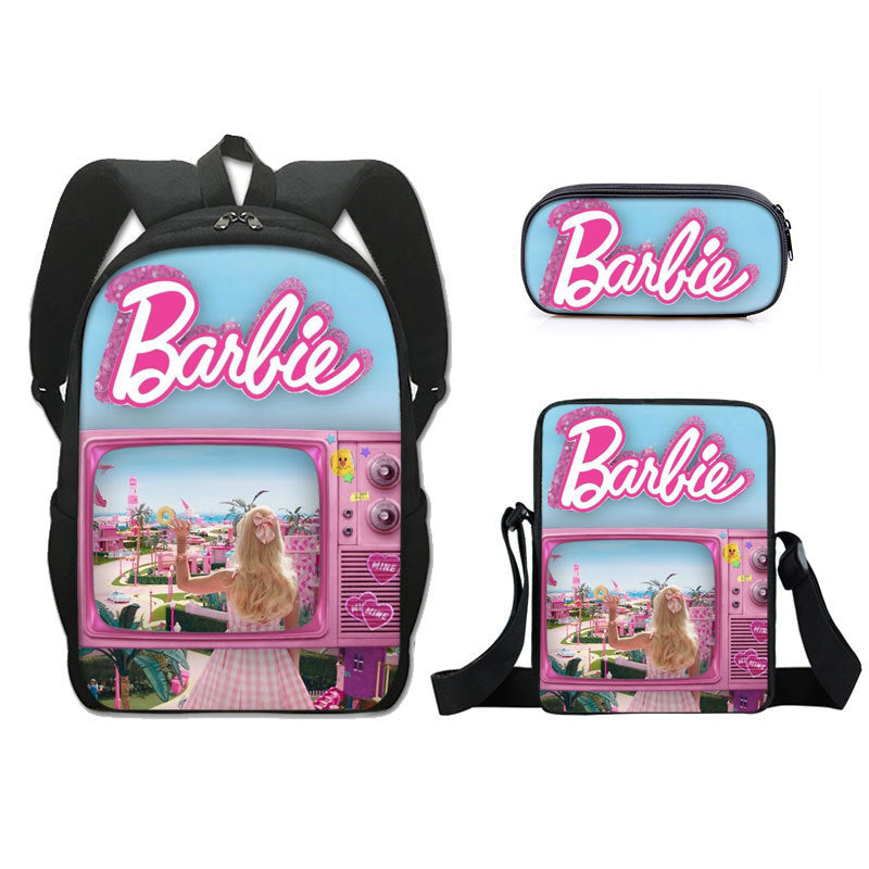 Barbie 2023 Full Printed Backpack Schoolbag Travel Notebook Bag Lunch Bag Pencil Bag for Kids Students 3PCS