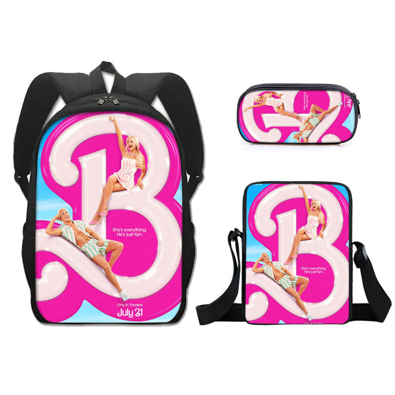 Barbie 2023 Full Printed Backpack Schoolbag Travel Notebook Bag Lunch Bag Pencil Bag for Kids Students 3PCS