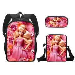 Barbie 2023 Full Printed Backpack Schoolbag Travel Notebook Bag Lunch Bag Pencil Bag for Kids Students 3PCS