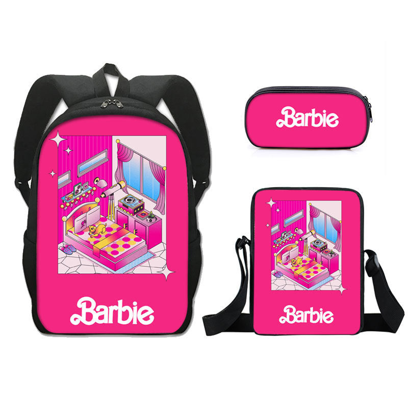 Barbie 2023 Full Printed Backpack Schoolbag Travel Notebook Bag Lunch Bag Pencil Bag for Kids Students 3PCS