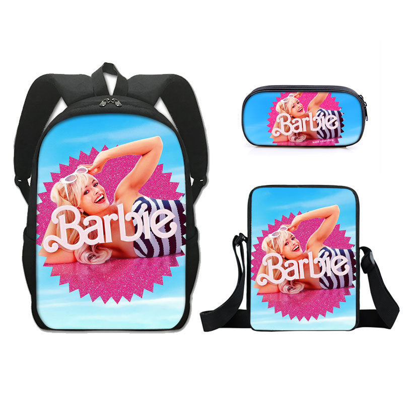 Barbie 2023 Full Printed Backpack Schoolbag Travel Notebook Bag Lunch Bag Pencil Bag for Kids Students 3PCS