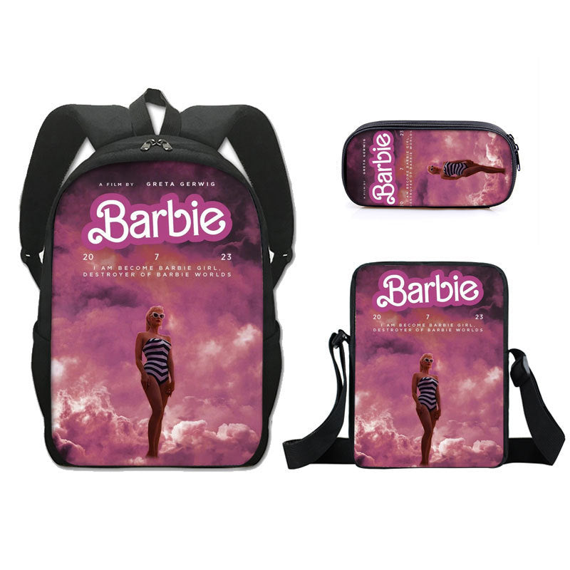 Barbie 2023 Full Printed Backpack Schoolbag Travel Notebook Bag Lunch Bag Pencil Bag for Kids Students 3PCS