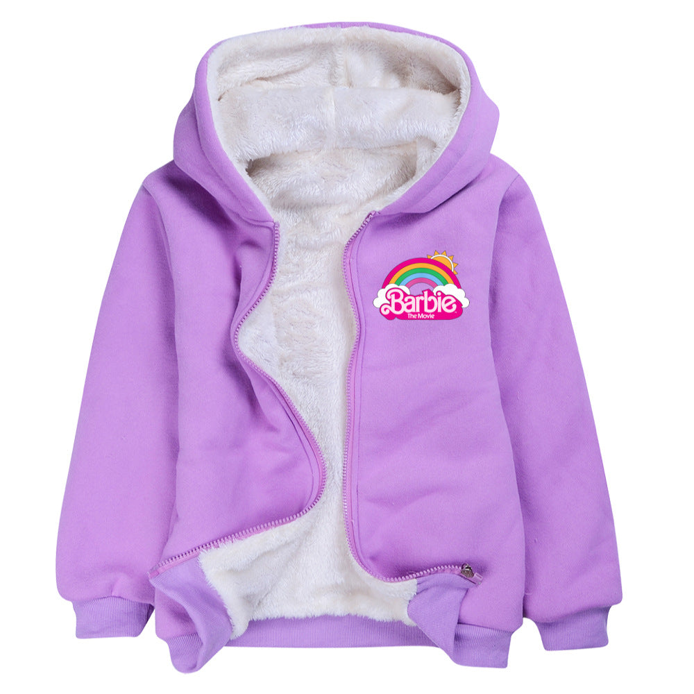 Barbie The Movie Sherpa Lined Hoodie Fleece Sweatshirt Full Zip Hooded Jacket for Kids