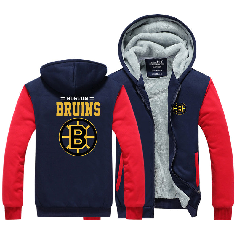 Boston Bruins Hockey Team  Unisex Lined Hoodie Fleece Sweatshirt Full Zipper Hooded Thicken Jacket