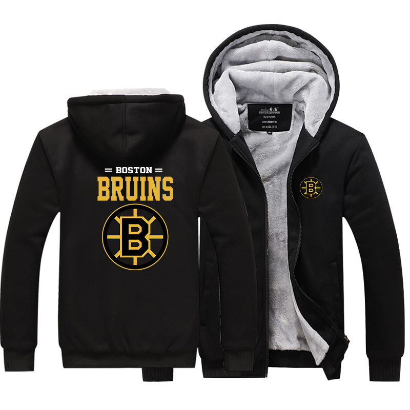 Boston Bruins Hockey Team  Unisex Lined Hoodie Fleece Sweatshirt Full Zipper Hooded Thicken Jacket