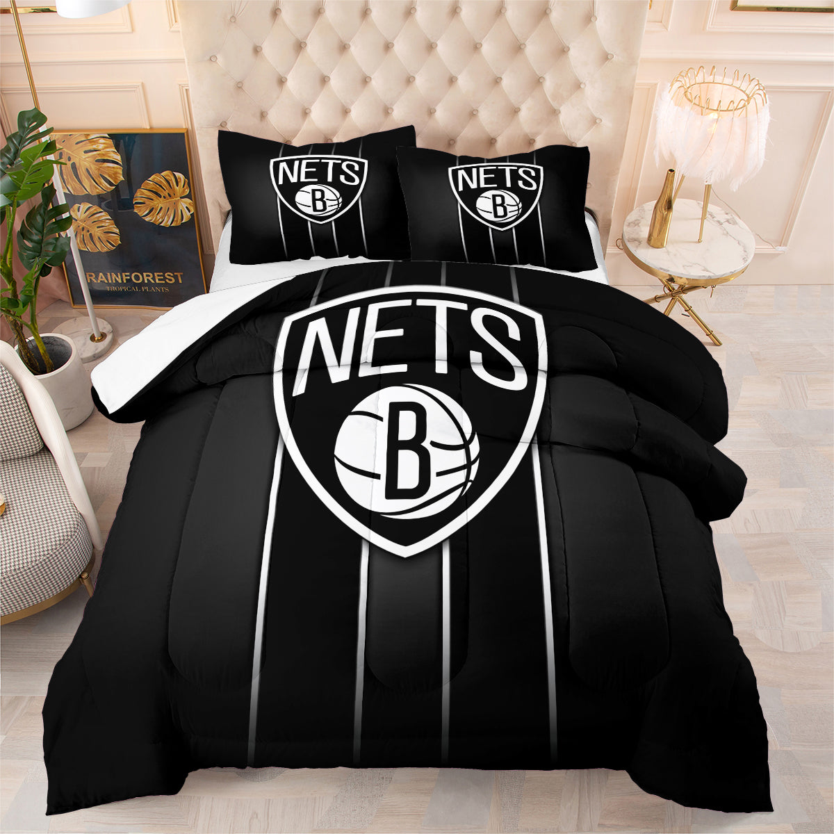 Brooklyn Basketball Nets Comforter Pillowcases 3PC Sets Blanket All Season Reversible Quilted Duvet