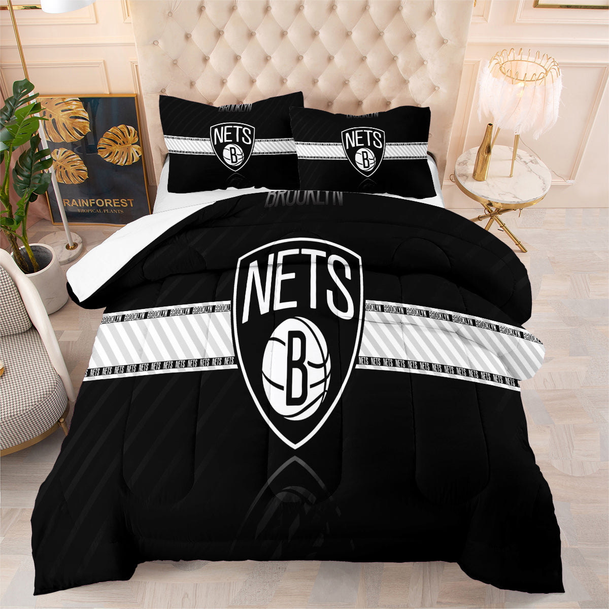 Brooklyn Basketball Nets Comforter Pillowcases 3PC Sets Blanket All Season Reversible Quilted Duvet