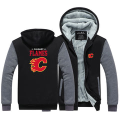 Calgary Flames Jackets Hockey Team Unisex Lined Hoodie Fleece Sweatshirt Full Zipper Hooded Thicken Jacket