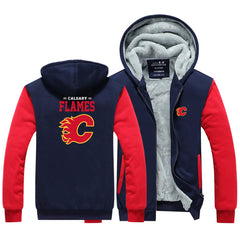 Calgary Flames Jackets Hockey Team Unisex Lined Hoodie Fleece Sweatshirt Full Zipper Hooded Thicken Jacket