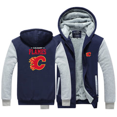 Calgary Flames Jackets Hockey Team Unisex Lined Hoodie Fleece Sweatshirt Full Zipper Hooded Thicken Jacket