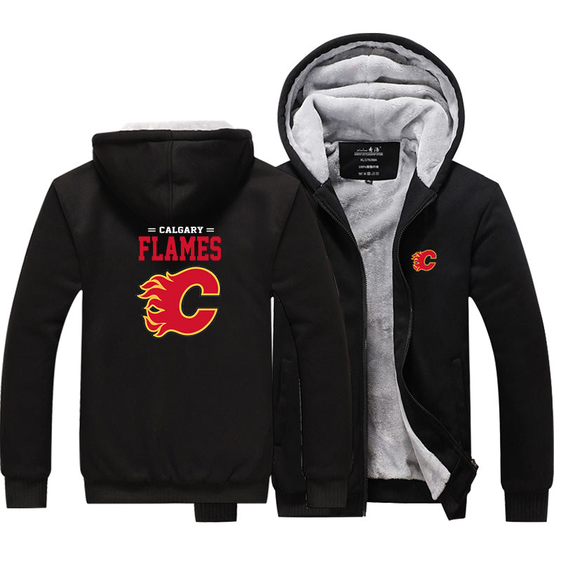 Calgary Flames Jackets Hockey Team Unisex Lined Hoodie Fleece Sweatshirt Full Zipper Hooded Thicken Jacket
