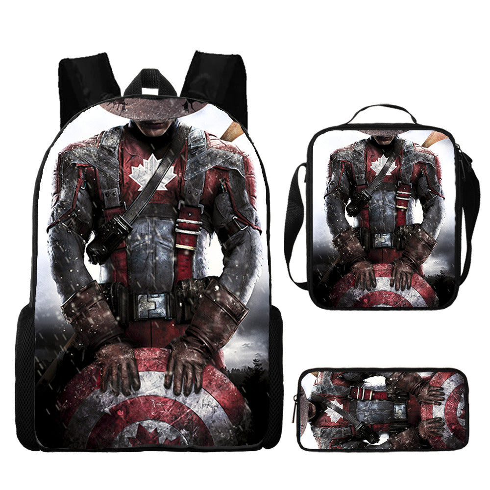 Captain America Full Printed Backpack Schoolbag Travel Notebook Bag Lunch Bag Pencil Bag for Kids Students 3PCS