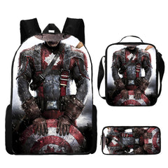 Captain America Full Printed Backpack Schoolbag Travel Notebook Bag Lunch Bag Pencil Bag for Kids Students 3PCS