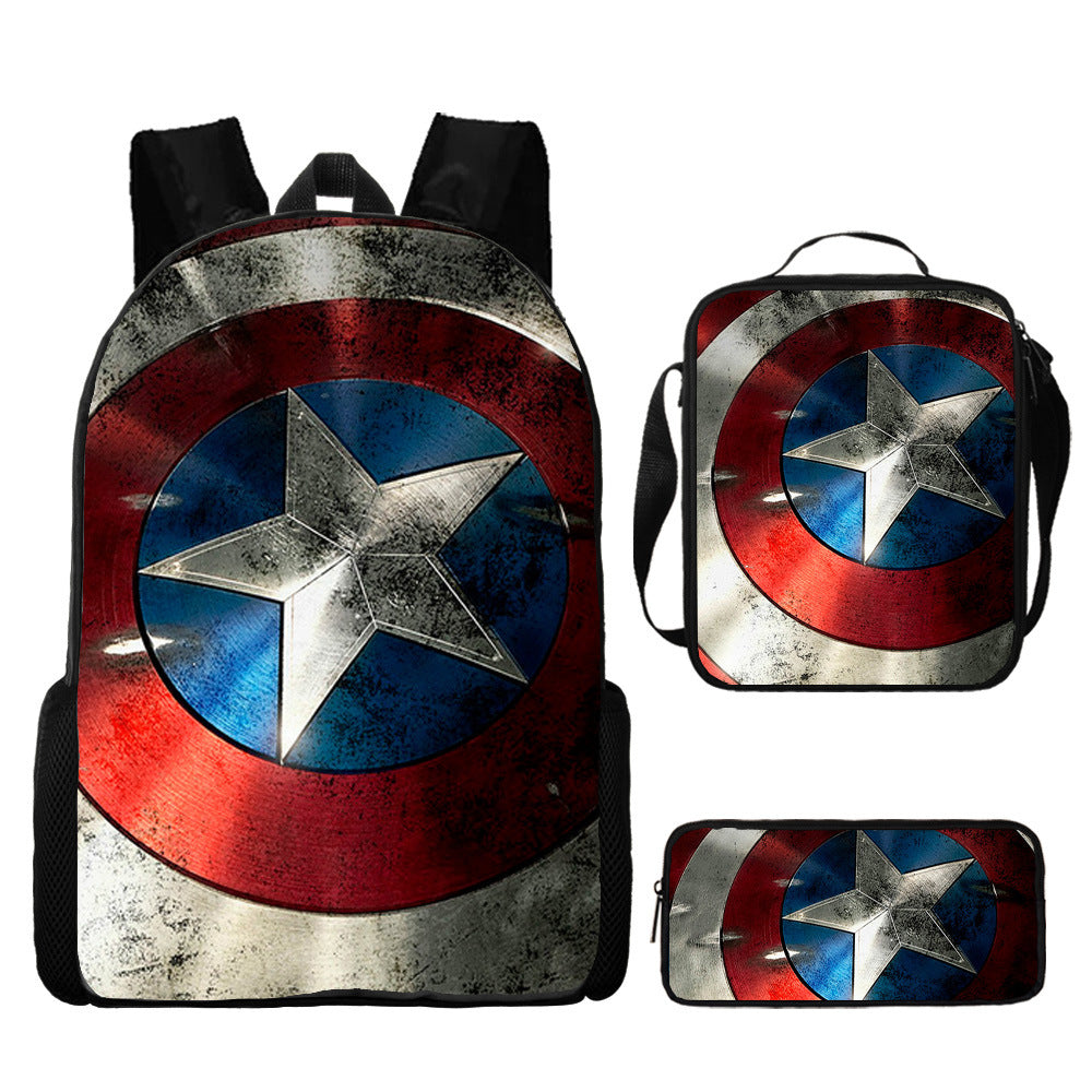 Captain America Full Printed Backpack Schoolbag Travel Notebook Bag Lunch Bag Pencil Bag for Kids Students 3PCS