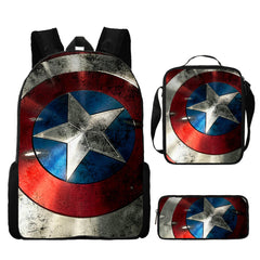 Captain America Full Printed Backpack Schoolbag Travel Notebook Bag Lunch Bag Pencil Bag for Kids Students 3PCS