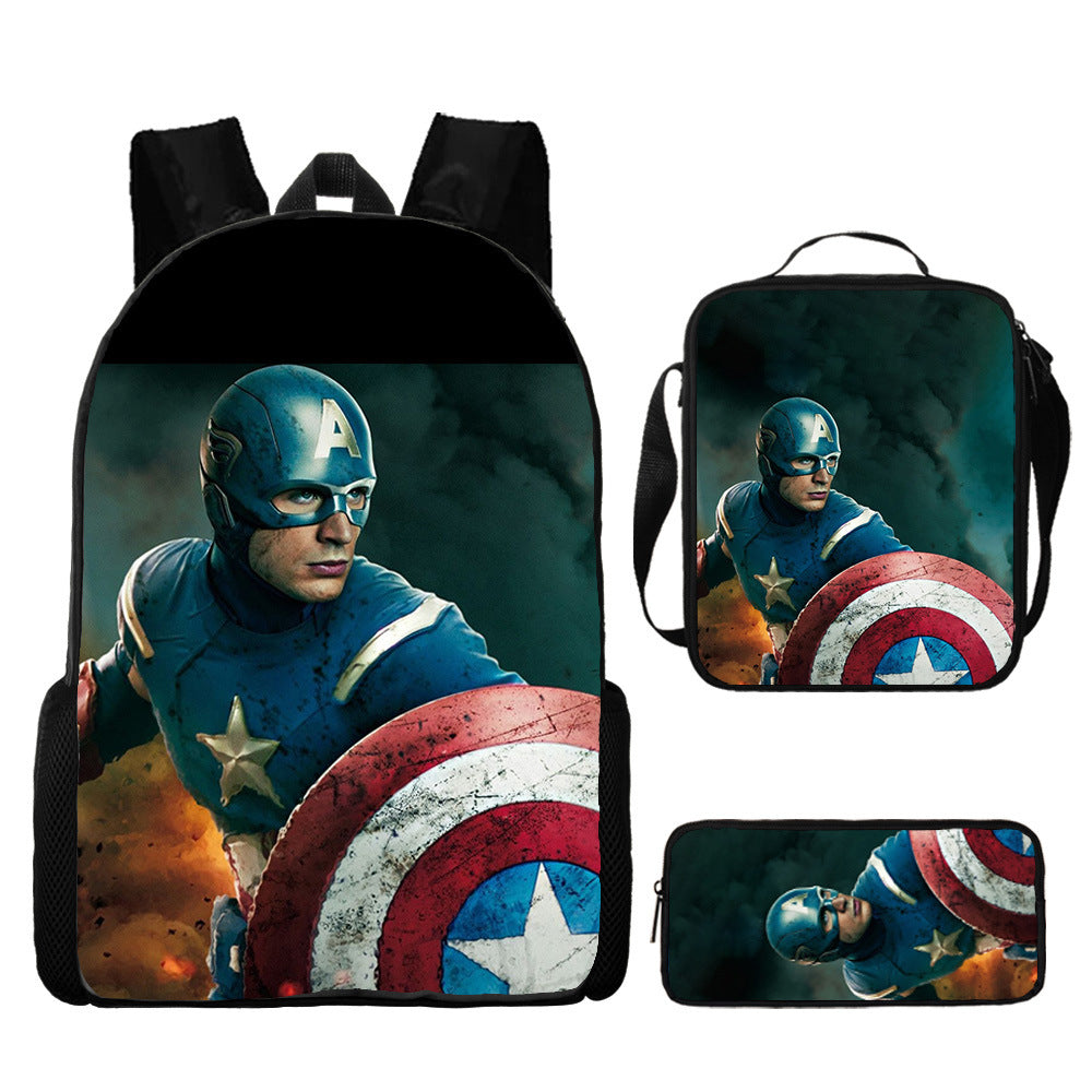 Captain America Full Printed Backpack Schoolbag Travel Notebook Bag Lunch Bag Pencil Bag for Kids Students 3PCS