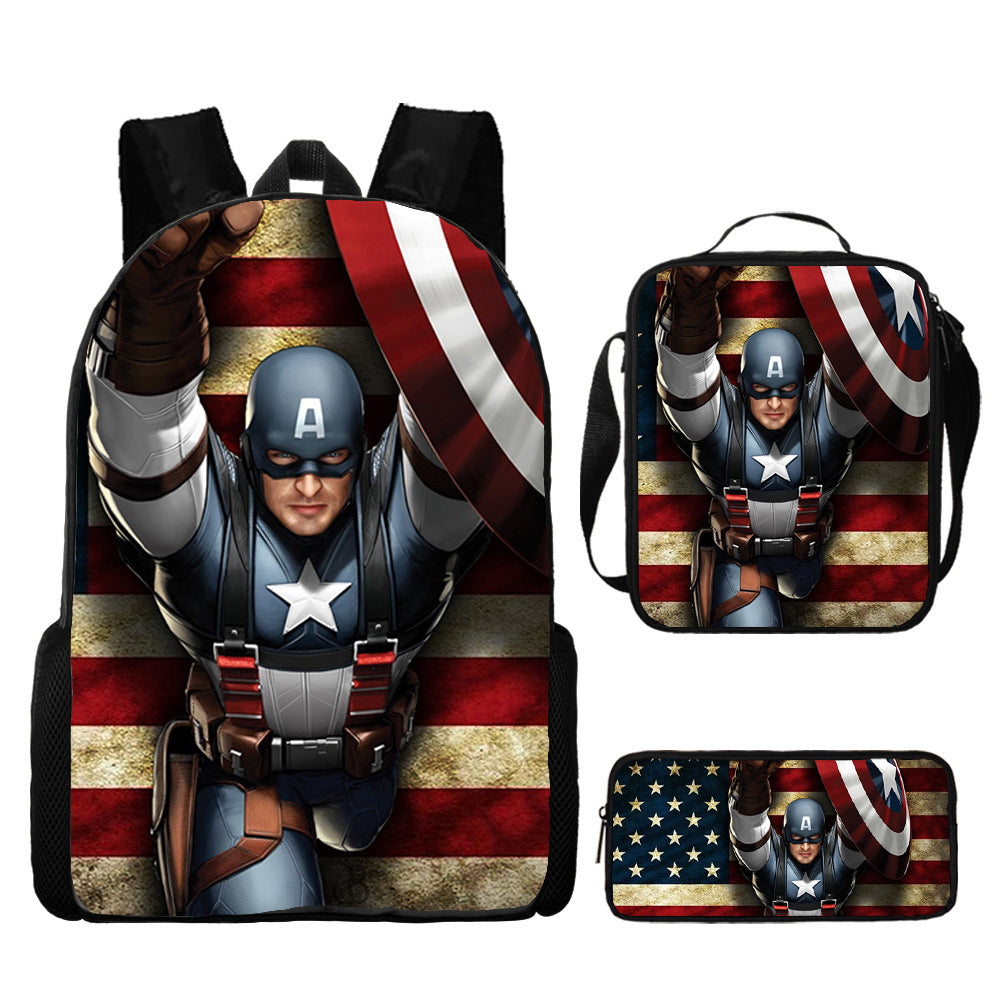 Captain America Full Printed Backpack Schoolbag Travel Notebook Bag Lunch Bag Pencil Bag for Kids Students 3PCS