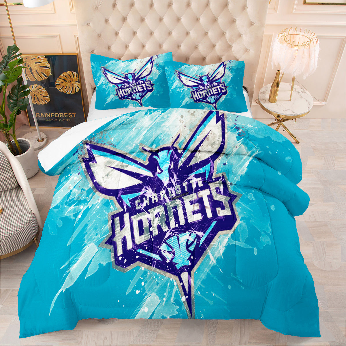 Charlotte Basketball Hornets Comforter Pillowcases 3PC Sets Blanket All Season Reversible Quilted Duvet