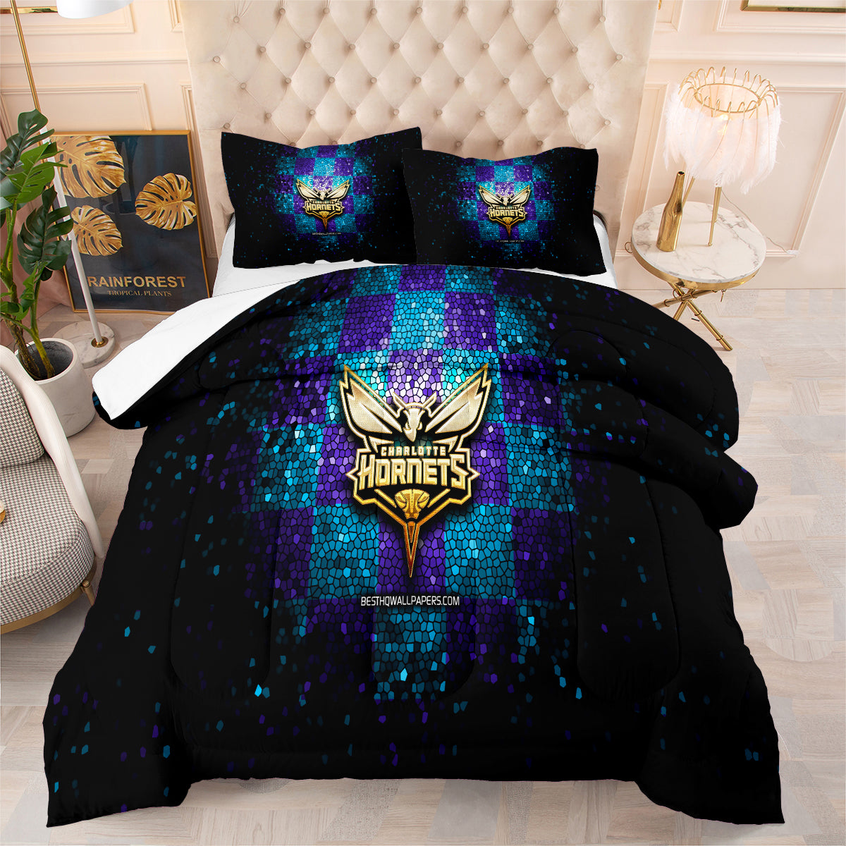 Charlotte Basketball Hornets Comforter Pillowcases 3PC Sets Blanket All Season Reversible Quilted Duvet