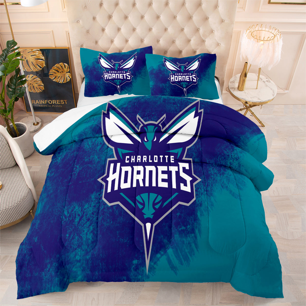 Charlotte Basketball Hornets Comforter Pillowcases 3PC Sets Blanket All Season Reversible Quilted Duvet