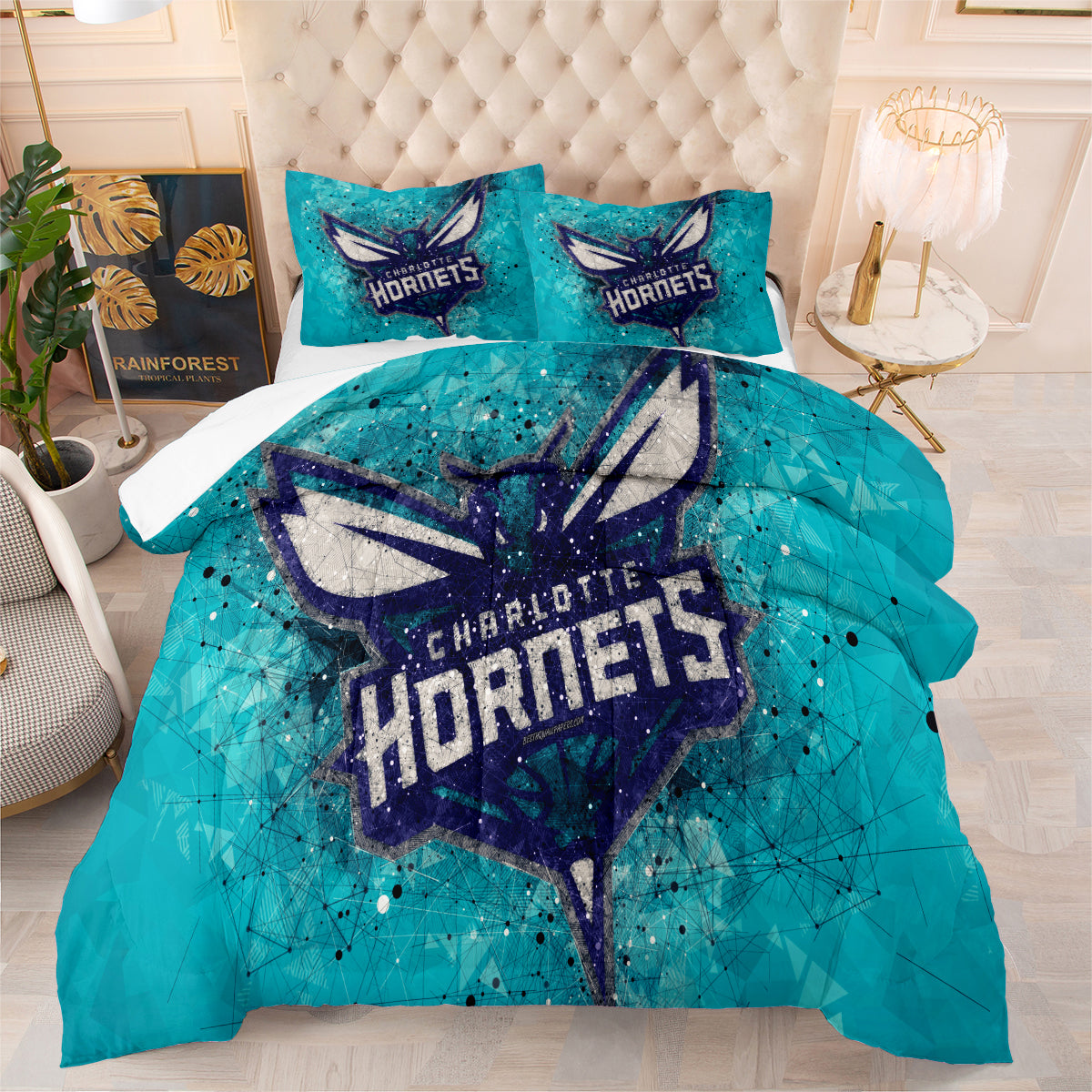 Charlotte Basketball Hornets Comforter Pillowcases 3PC Sets Blanket All Season Reversible Quilted Duvet