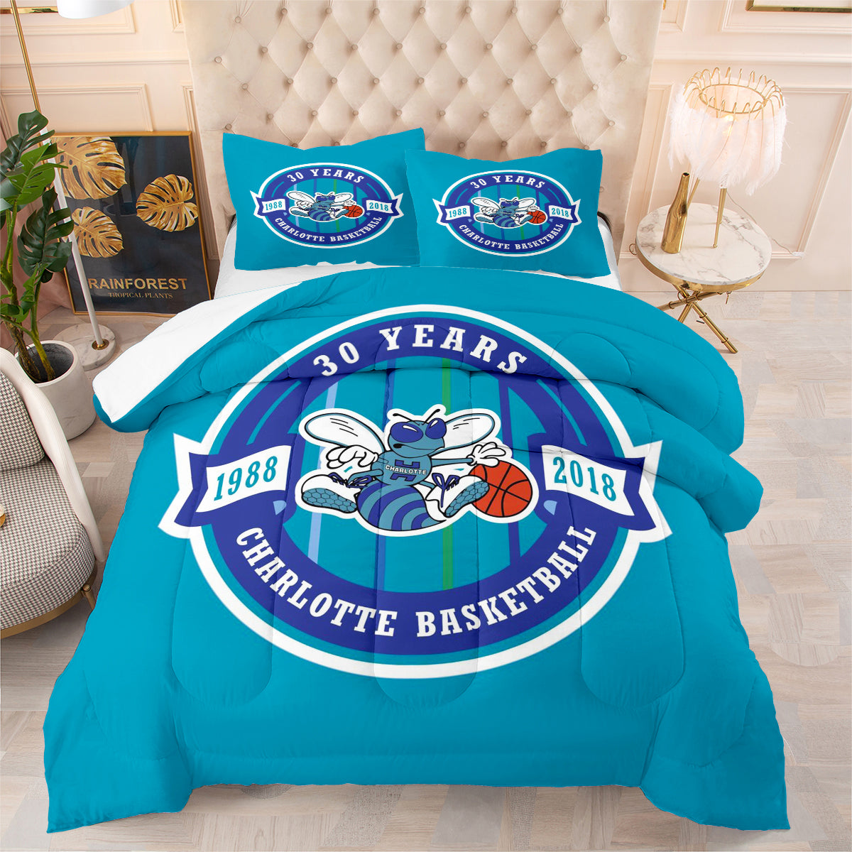 Charlotte Basketball Hornets Comforter Pillowcases 3PC Sets Blanket All Season Reversible Quilted Duvet