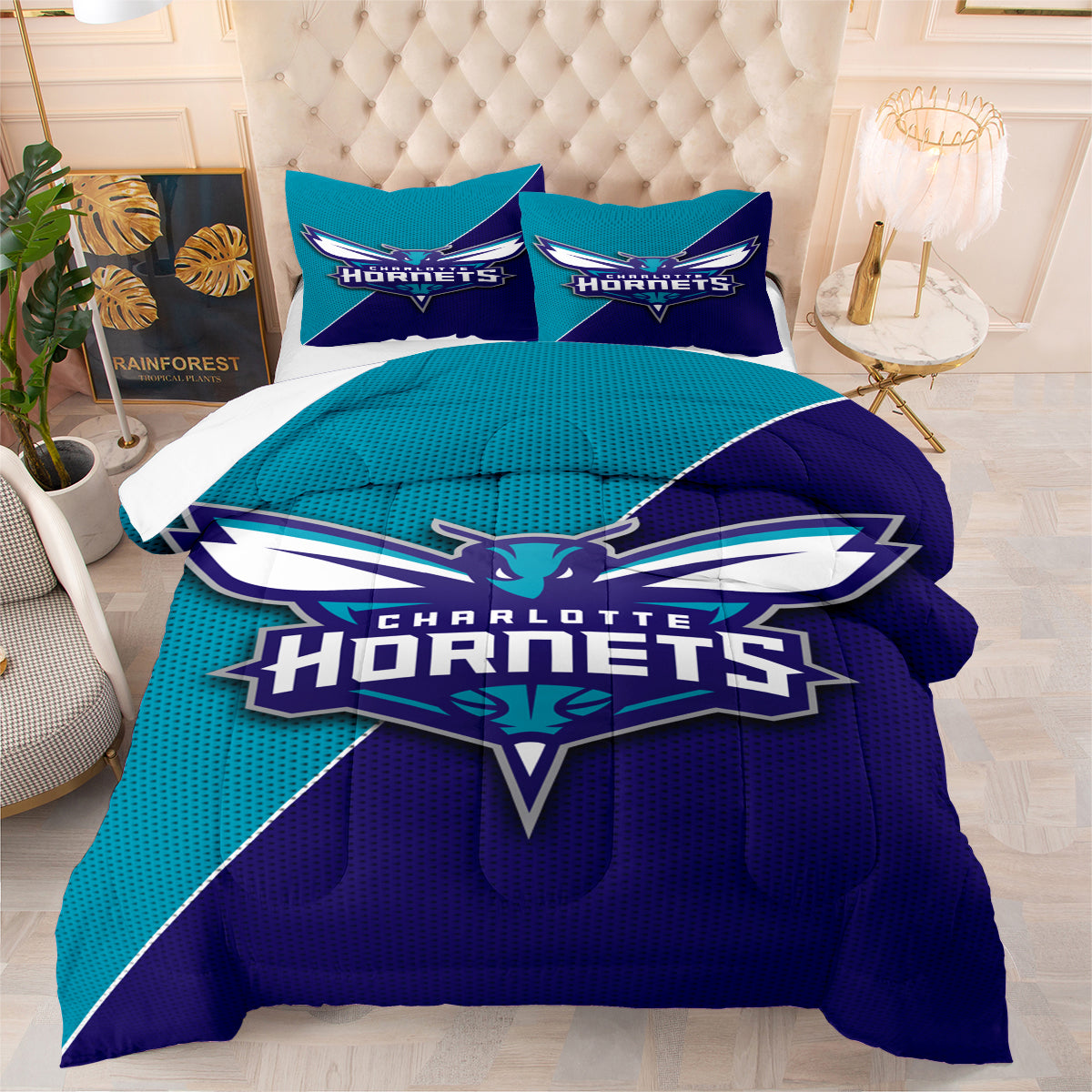 Charlotte Basketball Hornets Comforter Pillowcases 3PC Sets Blanket All Season Reversible Quilted Duvet