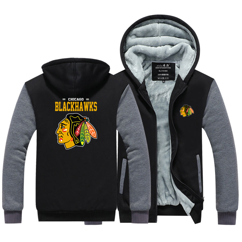 Chicago Blackhawks Hockey Team Unisex Lined Hoodie Fleece Sweatshirt Full Zipper Hooded Thicken Jacket