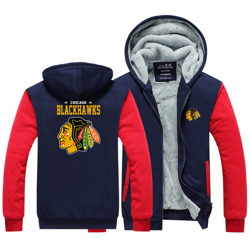 Chicago Blackhawks Hockey Team Unisex Lined Hoodie Fleece Sweatshirt Full Zipper Hooded Thicken Jacket