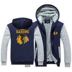 Chicago Blackhawks Hockey Team Unisex Lined Hoodie Fleece Sweatshirt Full Zipper Hooded Thicken Jacket