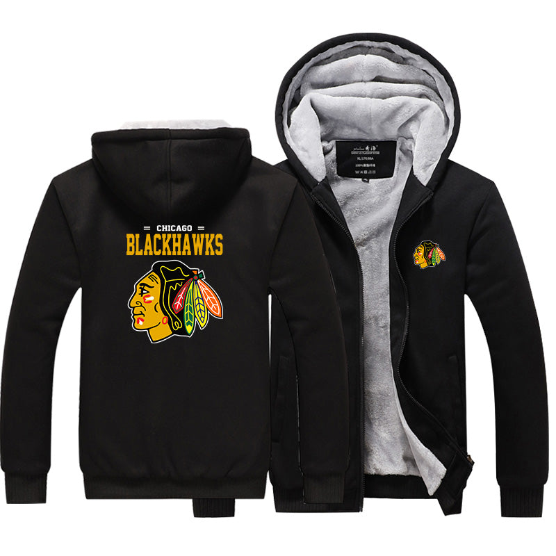 Chicago Blackhawks Hockey Team Unisex Lined Hoodie Fleece Sweatshirt Full Zipper Hooded Thicken Jacket