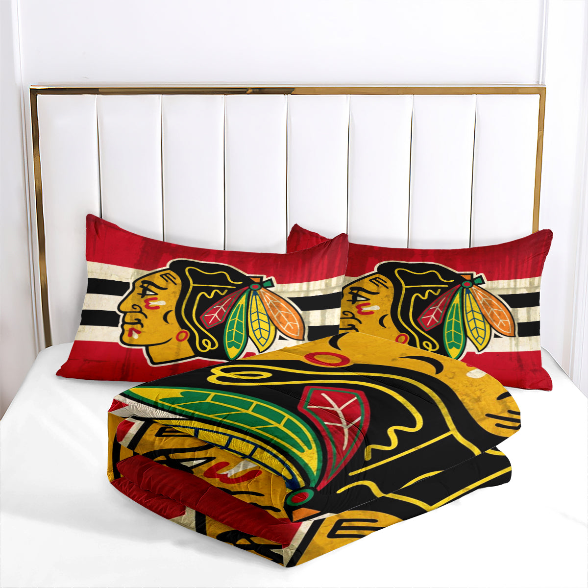 Chicago Hockey Blackhawks Comforter Pillowcases 3PC Sets Blanket All Season Reversible Quilted Duvet