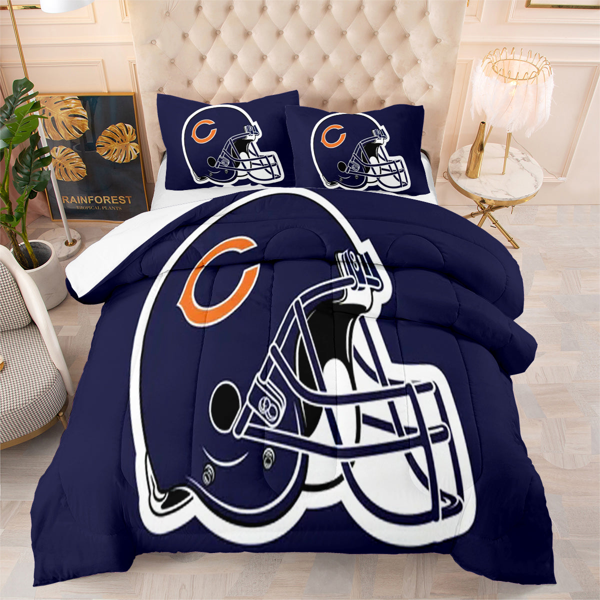 Chicago Rugby Football Bears Comforter Pillowcases 3PC Sets Blanket All Season Reversible Quilted Duvet