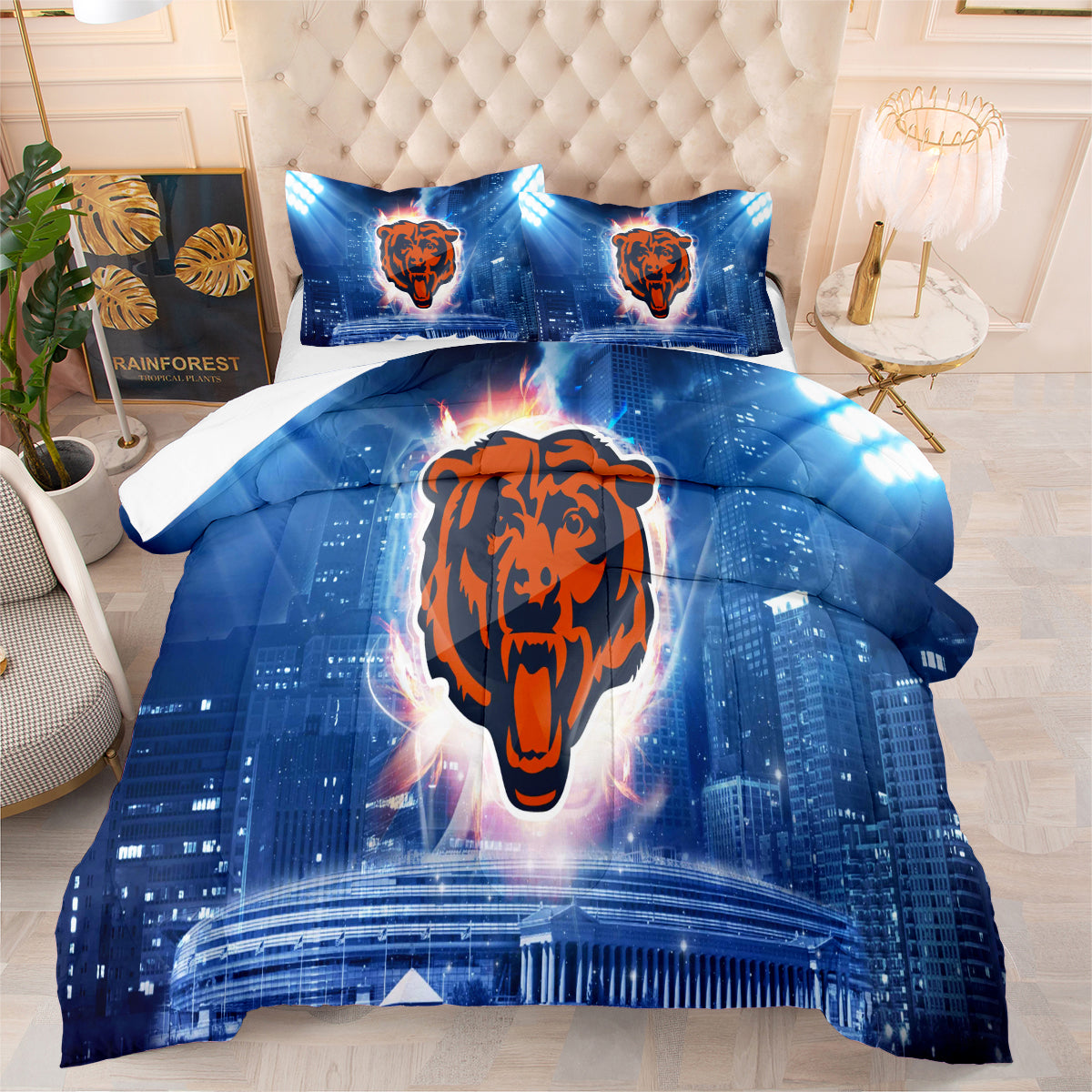 Chicago Rugby Football Bears Comforter Pillowcases 3PC Sets Blanket All Season Reversible Quilted Duvet