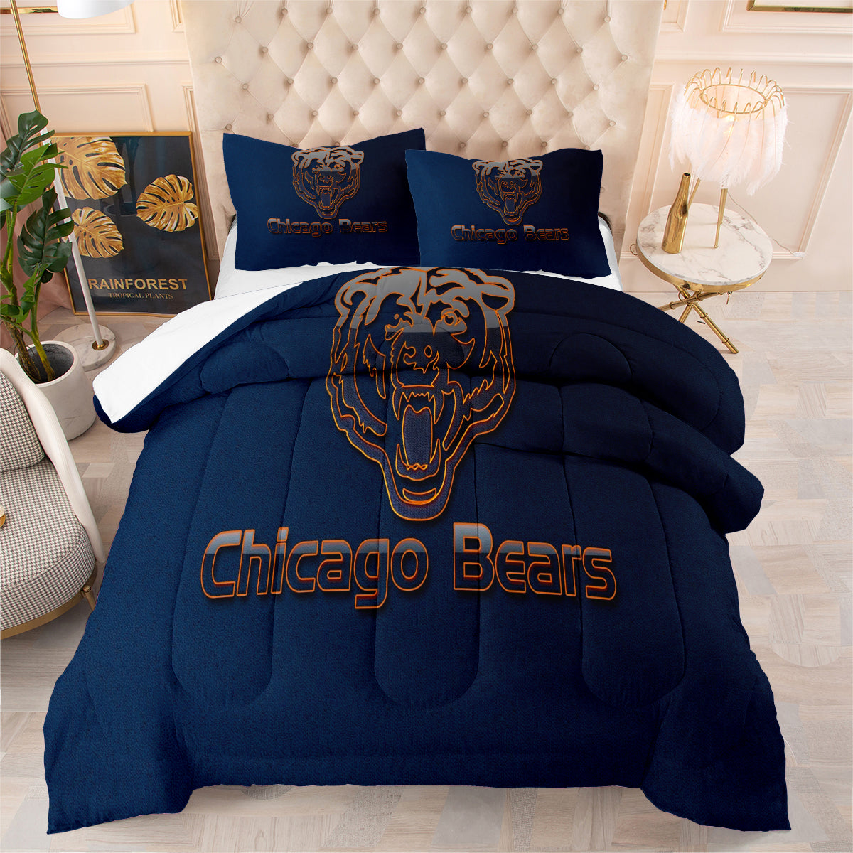 Chicago Rugby Football Bears Comforter Pillowcases 3PC Sets Blanket All Season Reversible Quilted Duvet