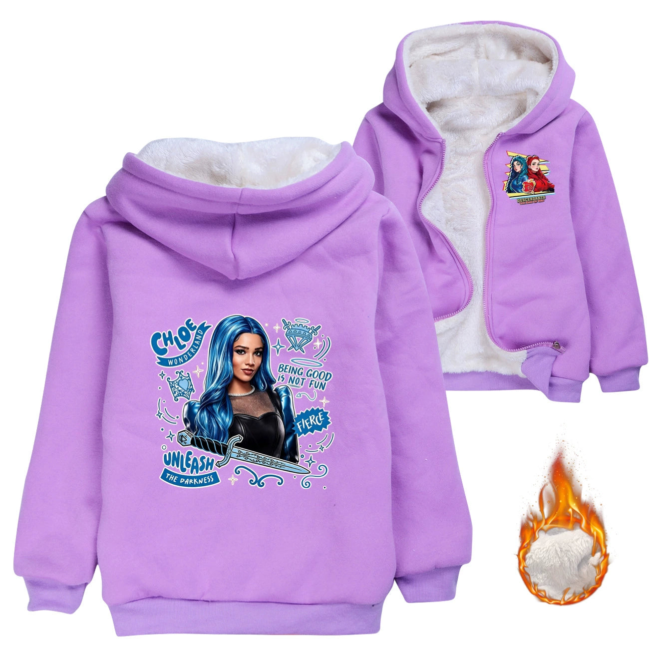 Descendants Wicked Wonderland Chloe Sherpa Lined Hoodie Fleece Sweatshirt Full Zip Hooded Jacket for Kids