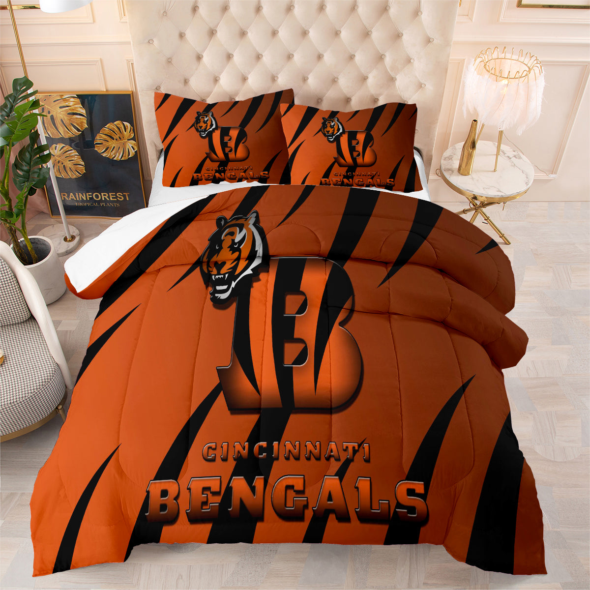 Cincinnati Rugby Football Bengals Comforter Pillowcases 3PC Sets Blanket All Season Reversible Quilted Duvet